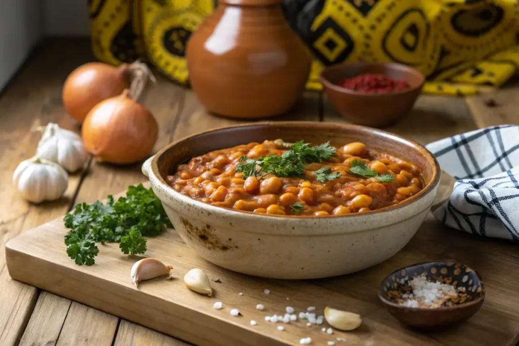 A bowl of cooked beans in a tomato-based sauce, garnished with parsley, sits on a wooden board.