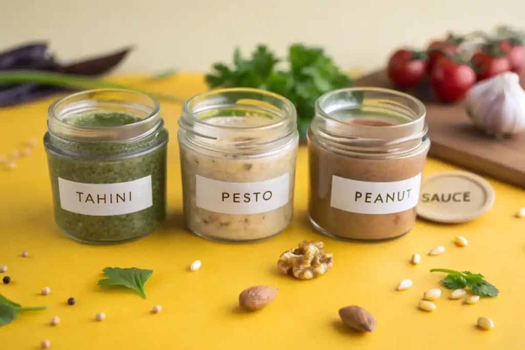 Versatile sauces in glass jars, including tahini, pesto, and peanut sauce.