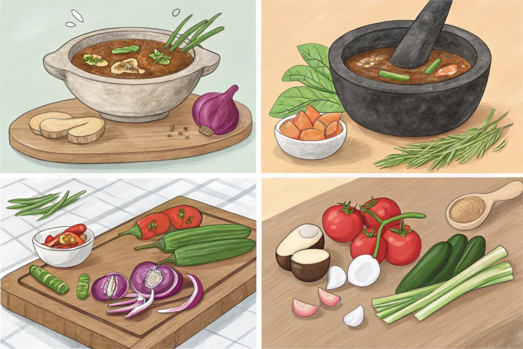 Four images show ingredients for making soup, including bowls of broth, fresh vegetables, herbs, and spices.