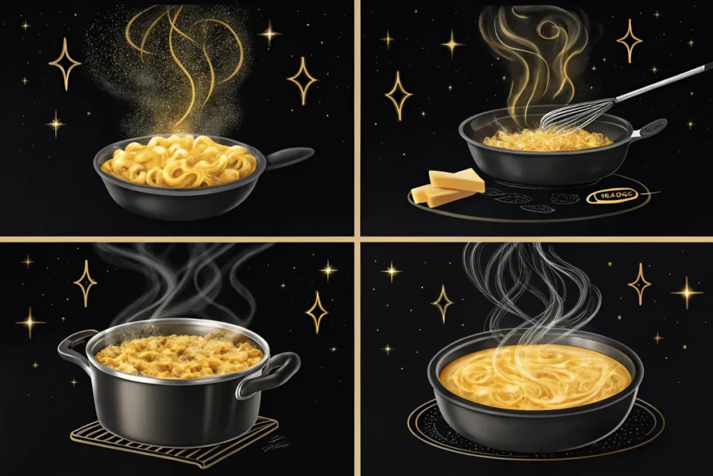 Four images depict golden-colored mac and cheese being prepared in various stages.