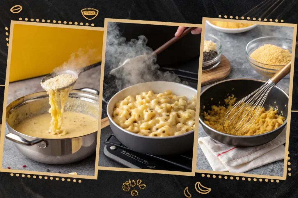 smoked mac and cheese of three images showing steps in making vegan mac and cheese.