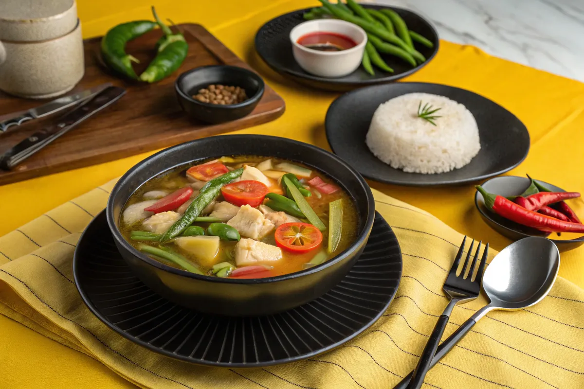 Sinigang soup of fish soup with vegetables sits on a table with rice, chili peppers, and dipping sauce.