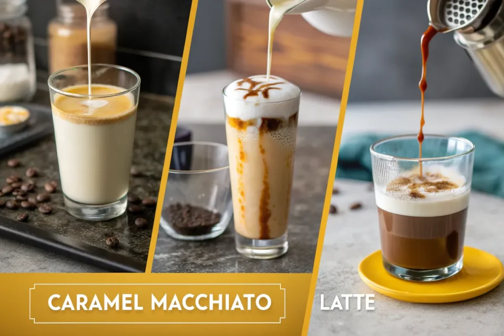 Steps to prepare caramel macchiato and latte with text on a warm yellow frame