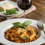 A large dish of baked ziti served family-style on a table with garlic bread and salad
