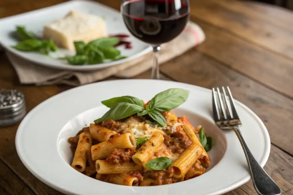 A serving of baked ziti on a plate garnished with fresh basil
