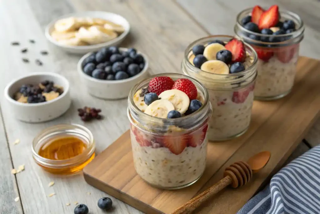 Overnight oats in jars topped with fresh fruits and honey on a wooden countertop