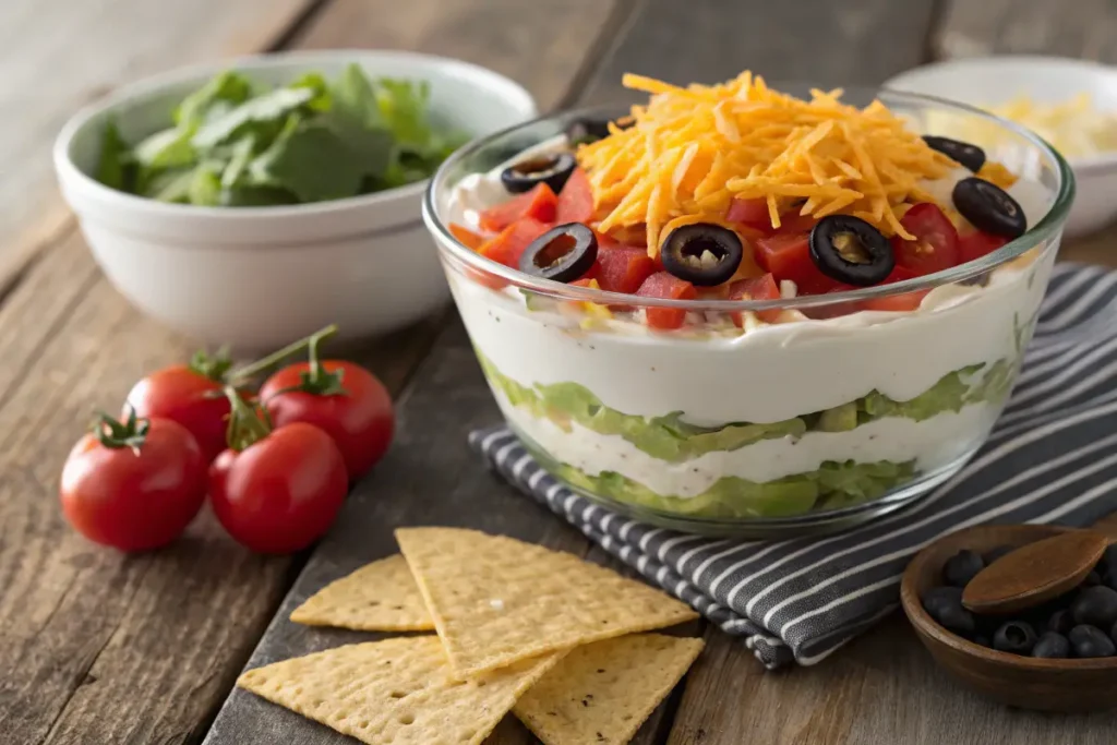 Seven-layer dip in a glass bowl, topped with shredded cheese, sliced black olives and tomatoes.