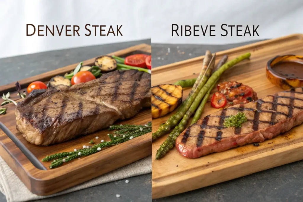 Two grilled steaks, Denver and Ribeye, are presented on wooden boards with different garnishes.