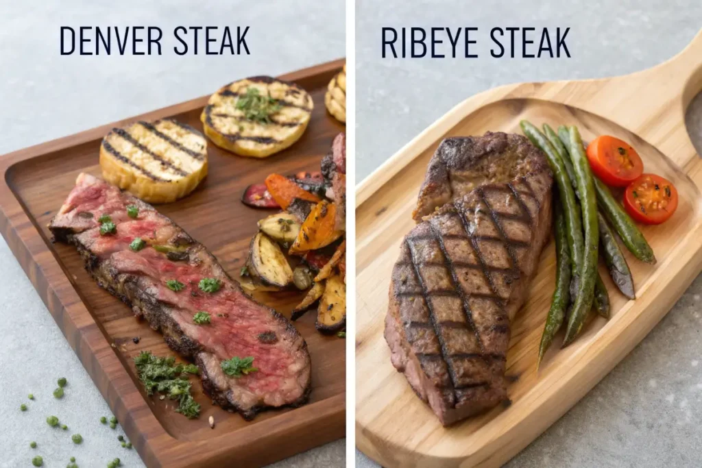 Two grilled steaks, a Denver steak and a ribeye steak, are presented on wooden cutting boards.