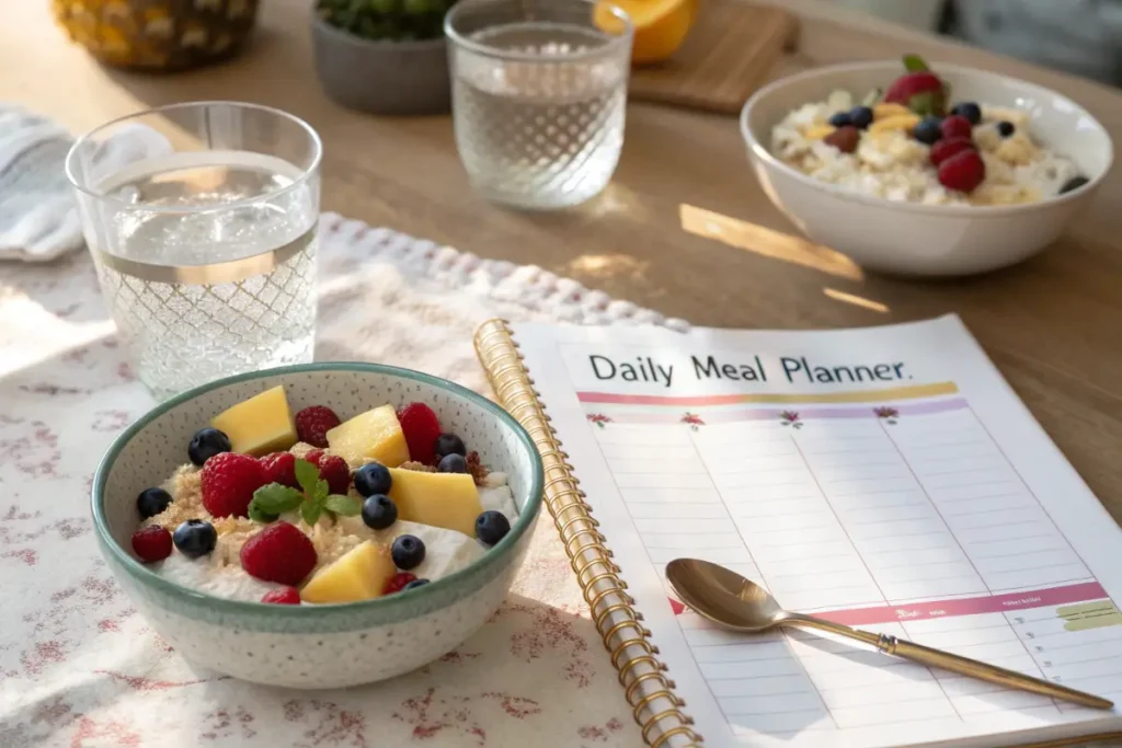 A bowl of yogurt topped with fruit sits next to a meal planner and a glass of water.