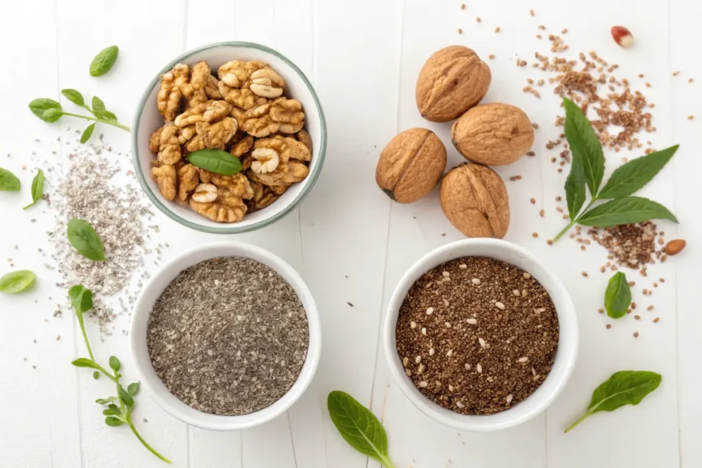 Bowls of walnuts, ground chia seeds, dukkah, and whole chia seeds are arranged on a white wooden table, garnished with fresh herbs.