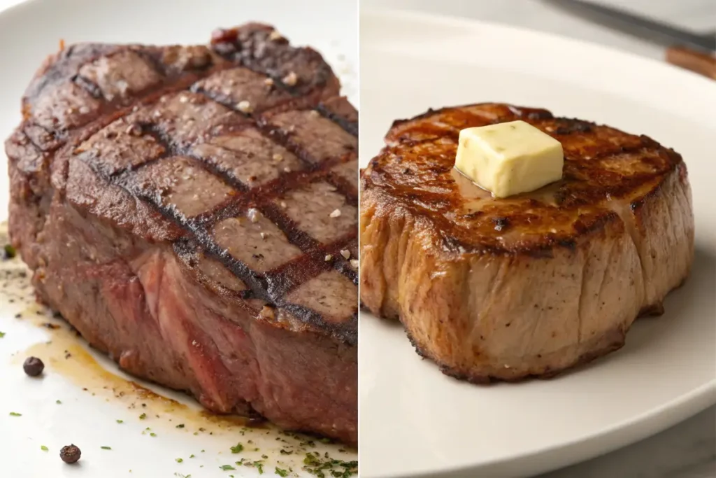 Two grilled steaks are presented side-by-side, one with grill marks and the other with a pat of butter on top.