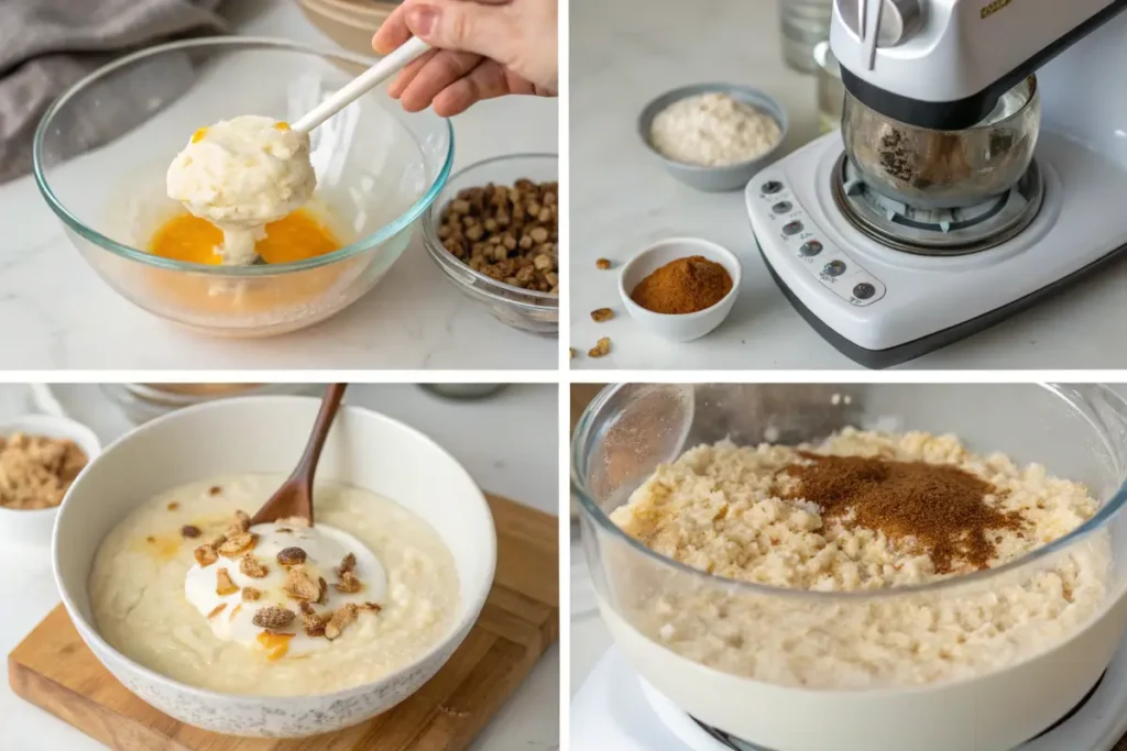 Four images showing steps to make oatmeal with yogurt and mulberries.