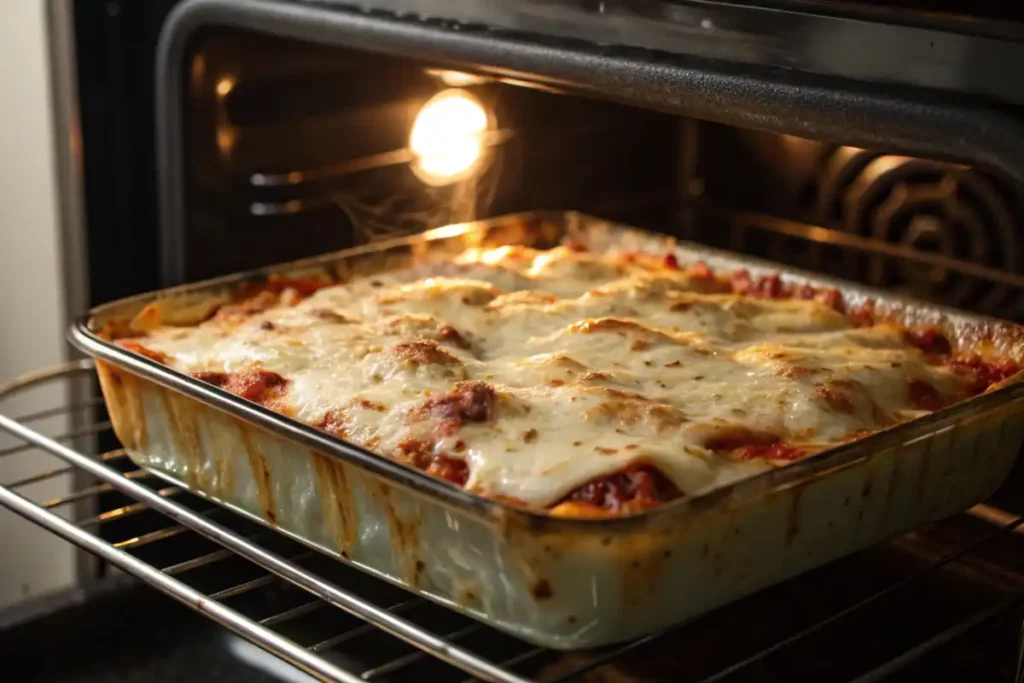 Side view of baked ziti cooking in the oven with bubbling cheese.