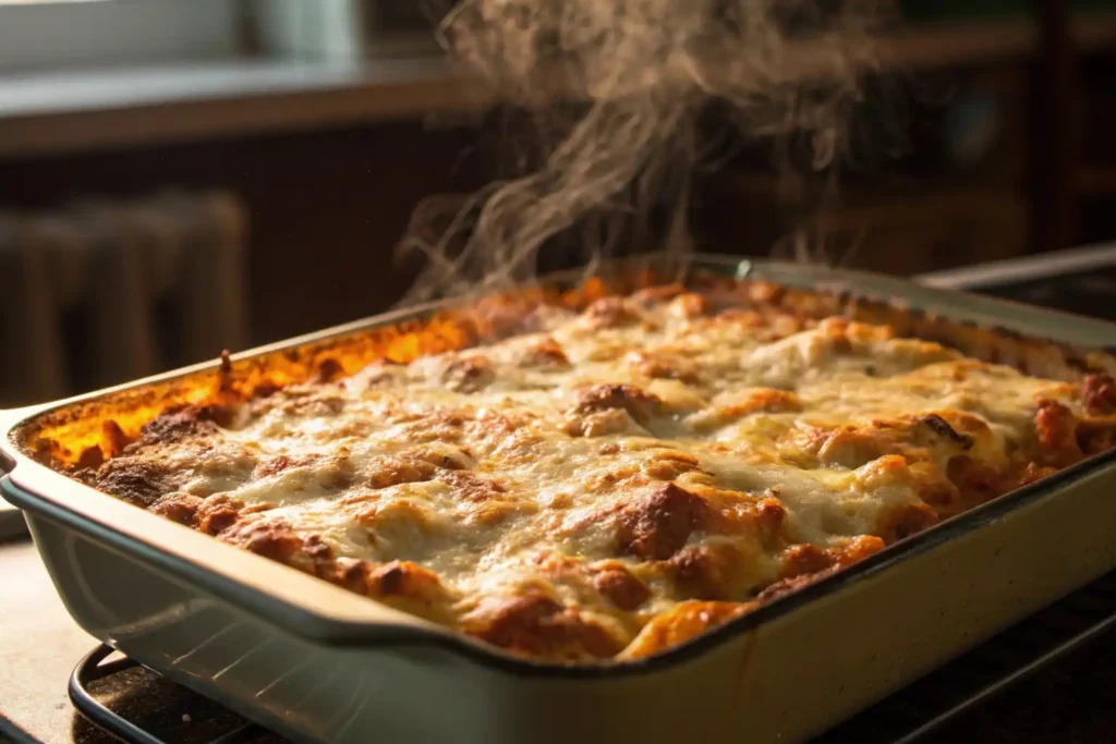 "Freshly baked ziti with golden cheese and bubbling sauce.