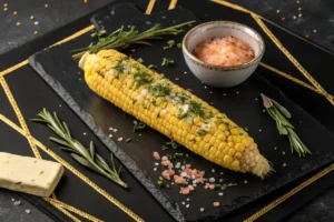 A luxurious presentation of a single cob of buttered corn on a slate platter with golden lighting.