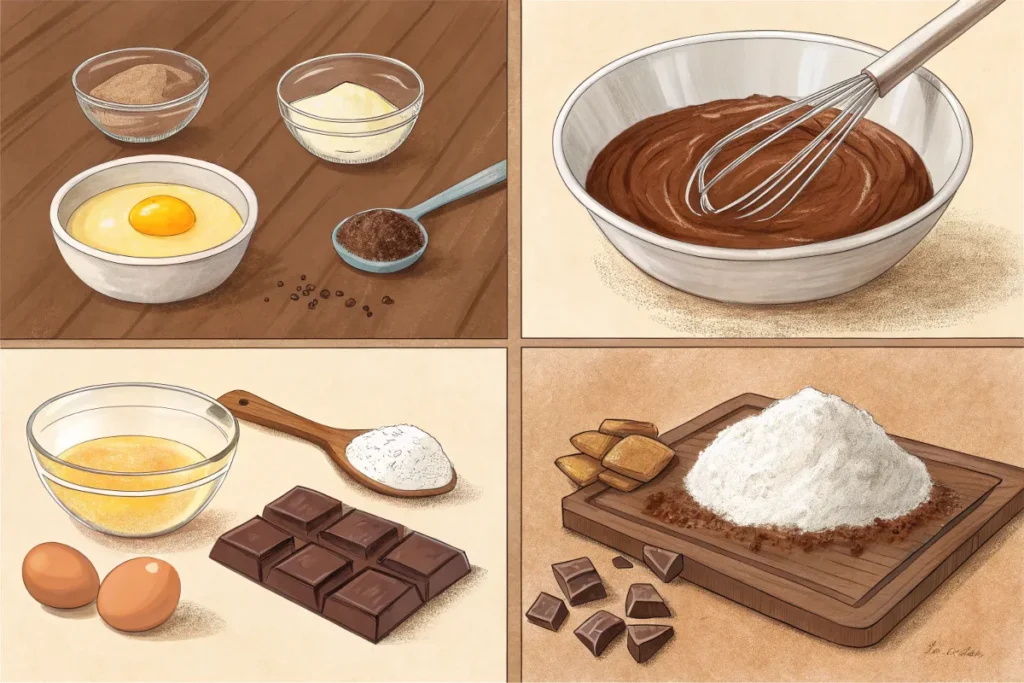 Four panels show the ingredients and steps for making a chocolate dessert.