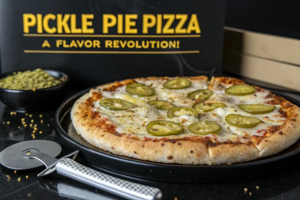 A whole pickle pie pizza topped with sliced jalapenos sits on a black pizza pan.
