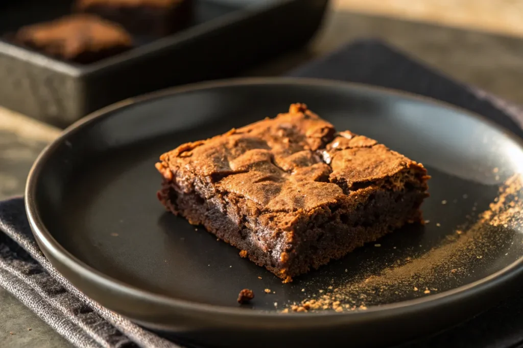 A fudgy brownie sits on a black plate.