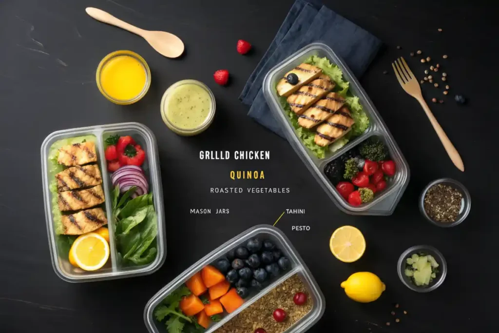 image showcasing a variety of meal prep ideas, including containers with chicken and grains, smoothie packs, and sauces, on a black and yellow background.