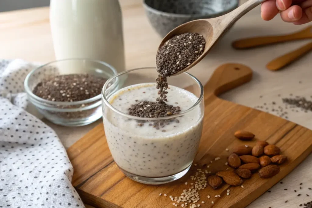 Superfoods for gut health : A wooden spoon pours chia seeds into a glass of chia seed pudding.