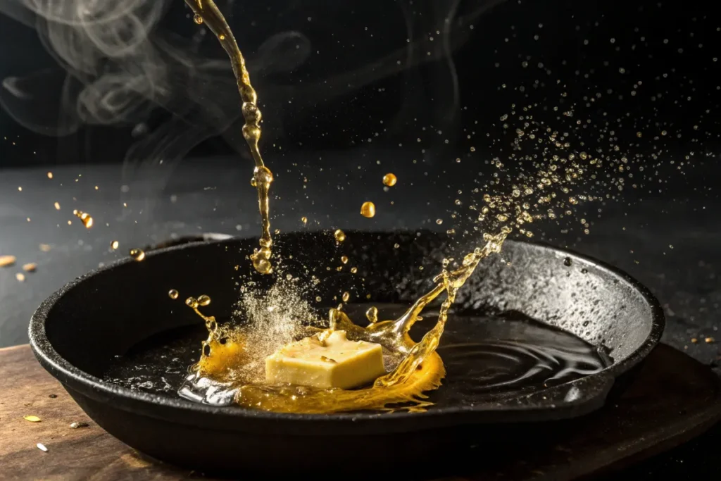 A pat of butter creates a splash of hot oil in a cast iron skillet.