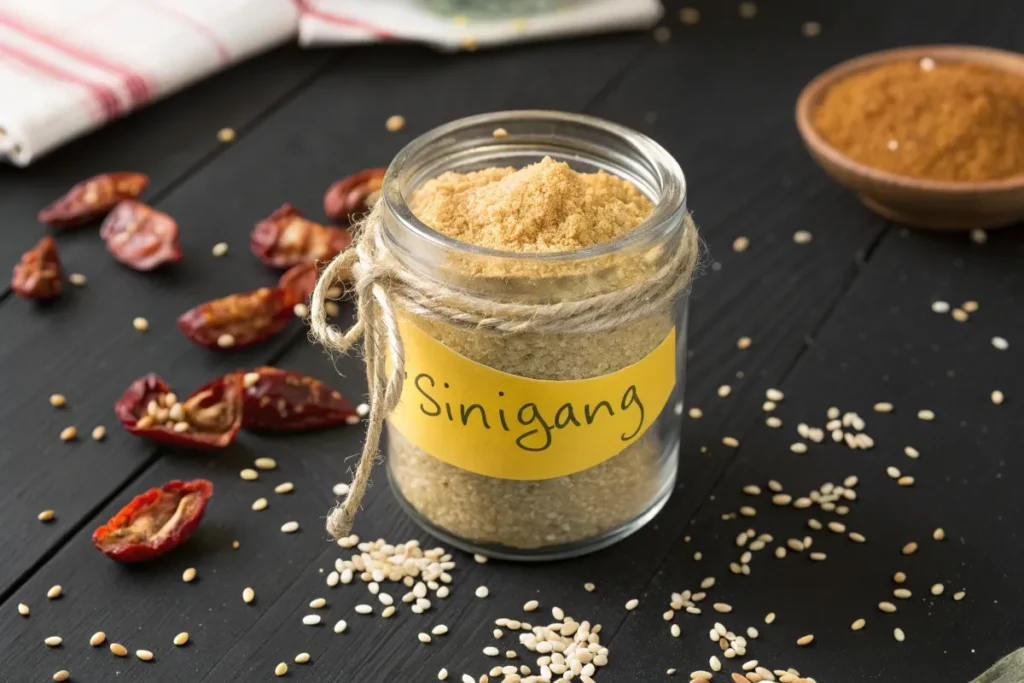 A glass jar filled with pot  mix sits on a dark wooden table, surrounded by dried chilis and sesame seeds.