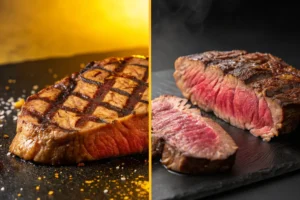 Two images of grilled steak, one showing the outside and the other showing a cut to reveal the inside.