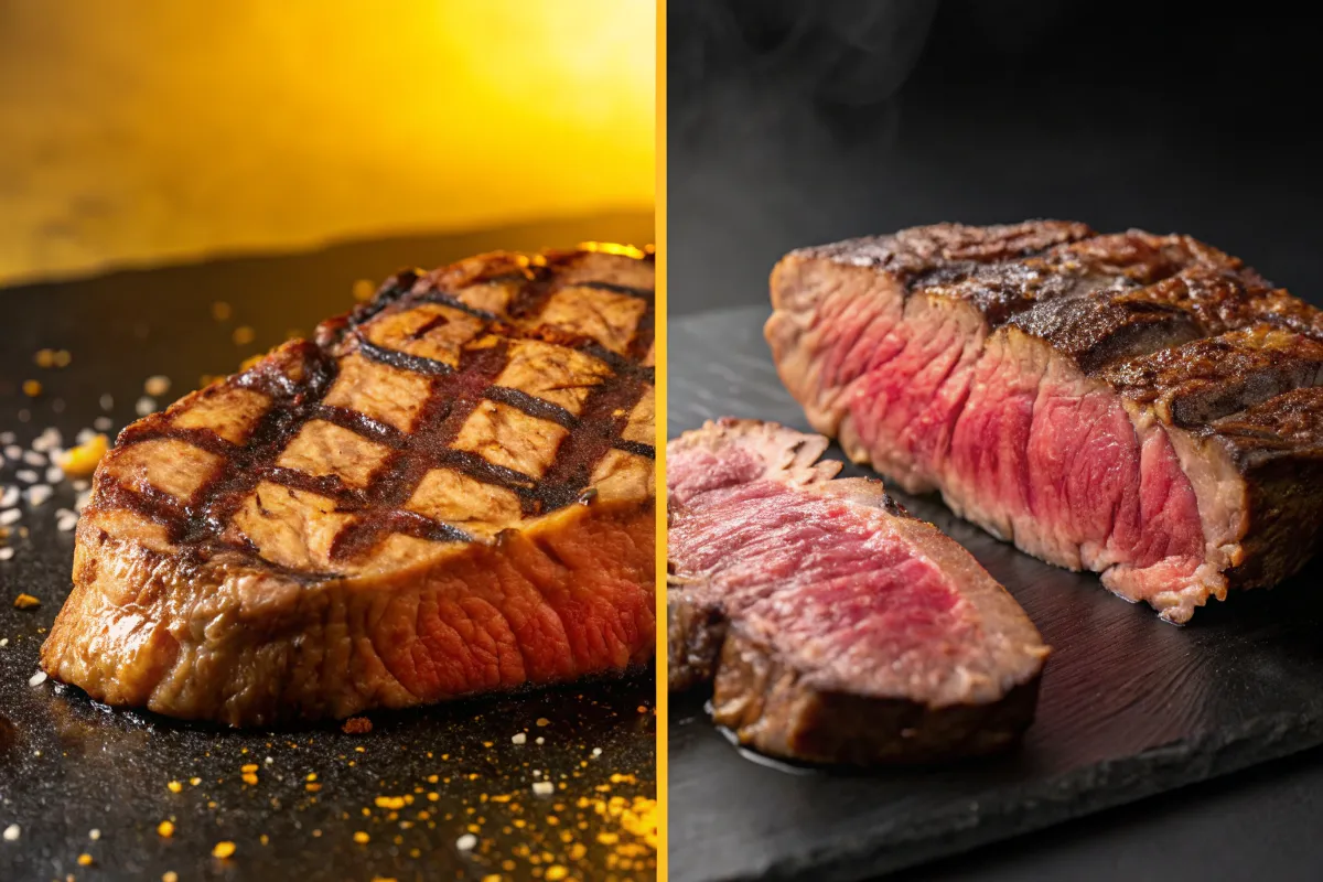 Two images of grilled steak, one showing the outside and the other showing a cut to reveal the inside.