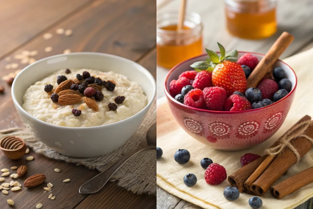 Ingredients arranged on a kitchen countertop, including milk, spices, and uncooked rice