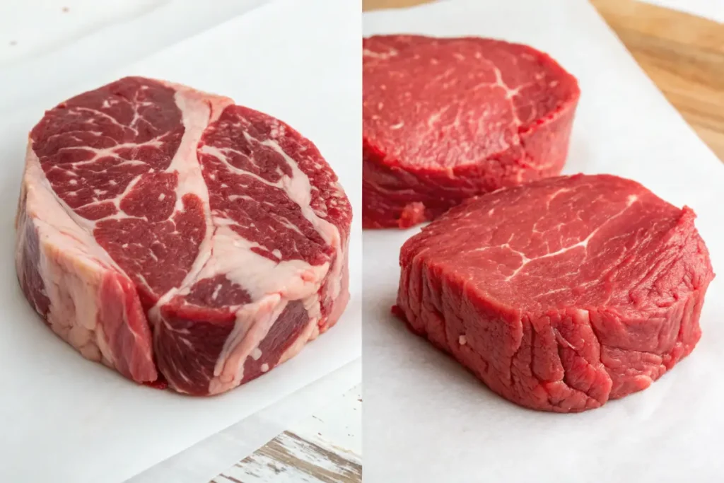 A side-by-side comparison of a marbled ribeye steak and a lean filet mignon