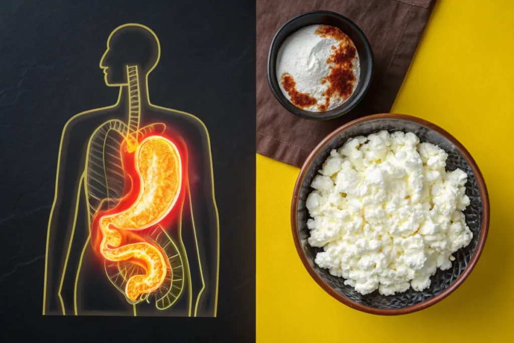 An illustration of a human digestive system highlighting the stomach is shown next to two bowls, one containing cottage cheese and another with protein powder.