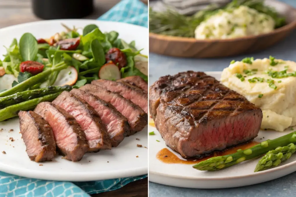 Two images of plates with steak, asparagus, and sides, one with sliced steak and salad and the other with a whole steak and mashed potatoes.