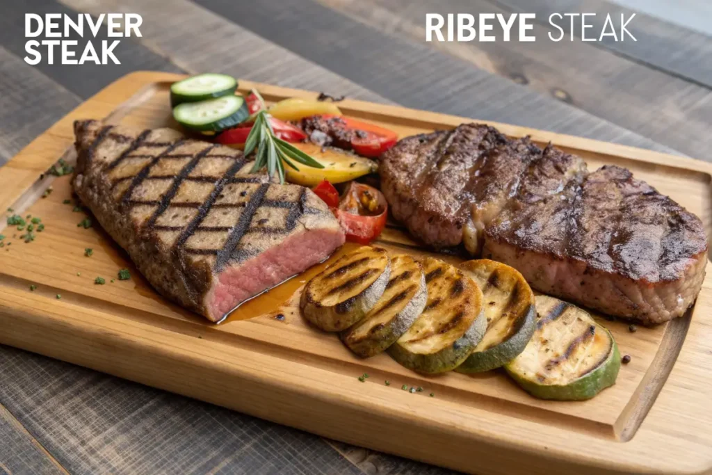 Grilled Denver and ribeye steaks are served with sliced zucchini and a salad.