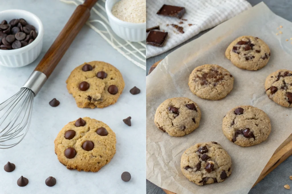 Two variations of cookies, one gluten-free and the other vegan, displayed on parchment paper.