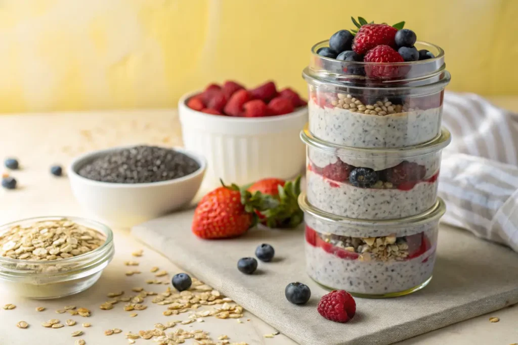 Three glass jars are stacked, layered with chia seed pudding, berries, granola, and yogurt.