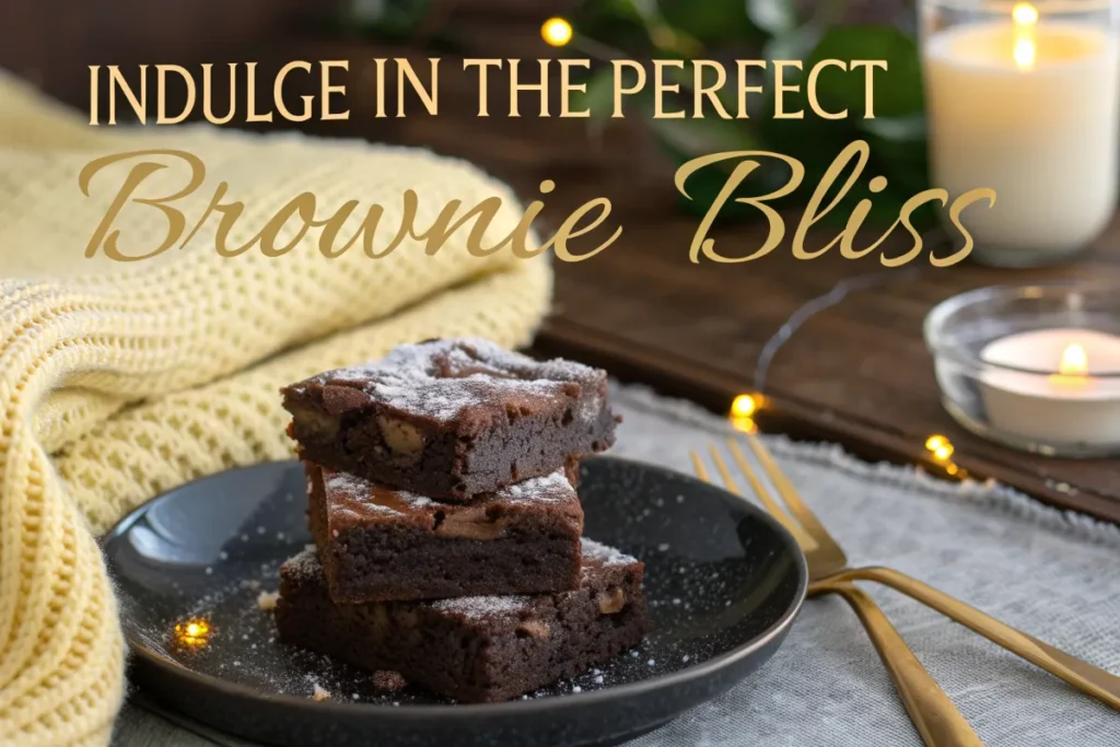 Three fudgy brownies dusted with powdered sugar are stacked on a dark plate.