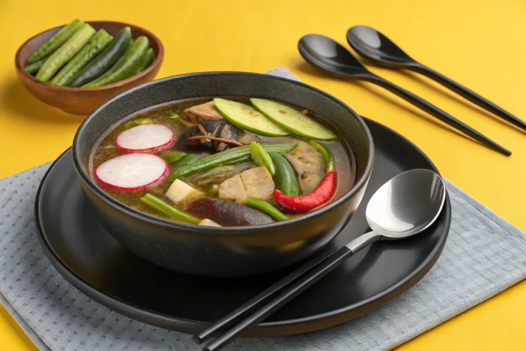 A bowl of vibrant filled with like sliced radishes, green beans, mushrooms, and a red chili pepper sits on a black plate.