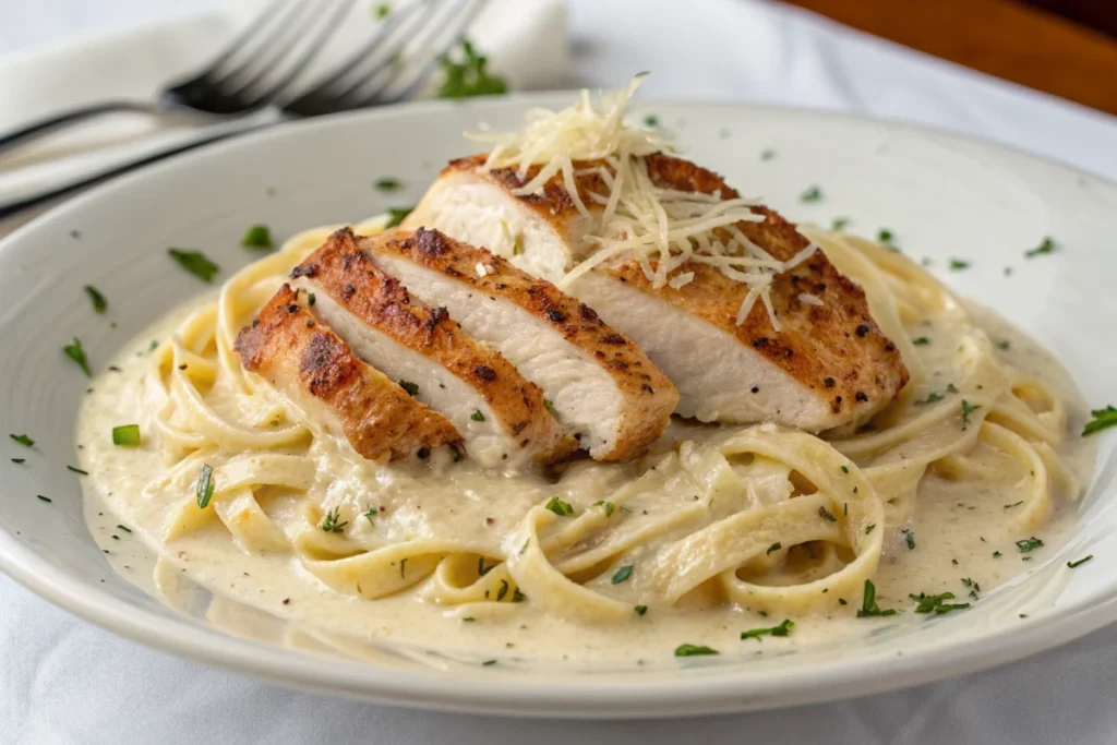 Sliced grilled chicken breast served atop fettuccine pasta in a creamy sauce, garnished with parmesan cheese and parsley.