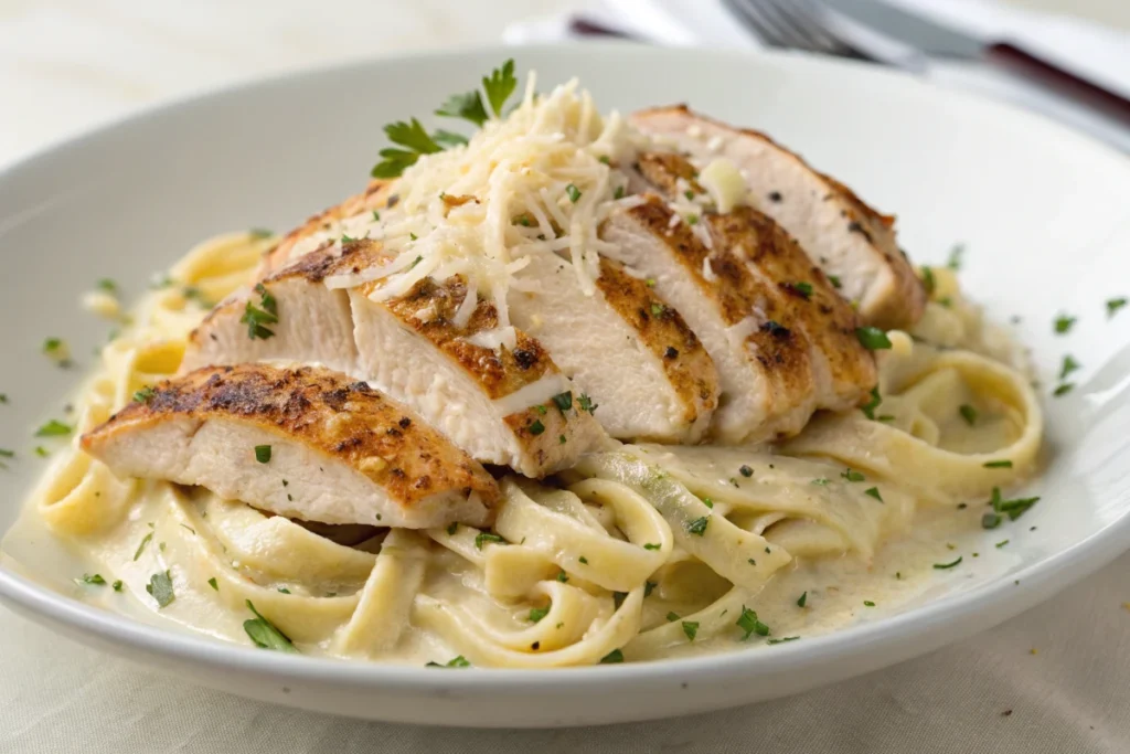 Sliced grilled chicke topped with grated cheese and chopped parsley.