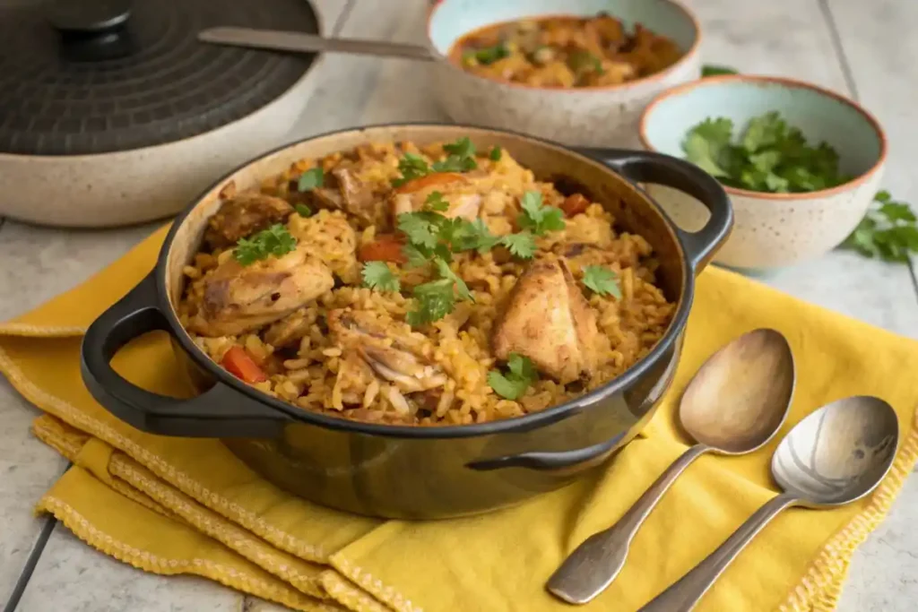 One-pot chicken and rice recipe garnished with parsley on a yellow towel