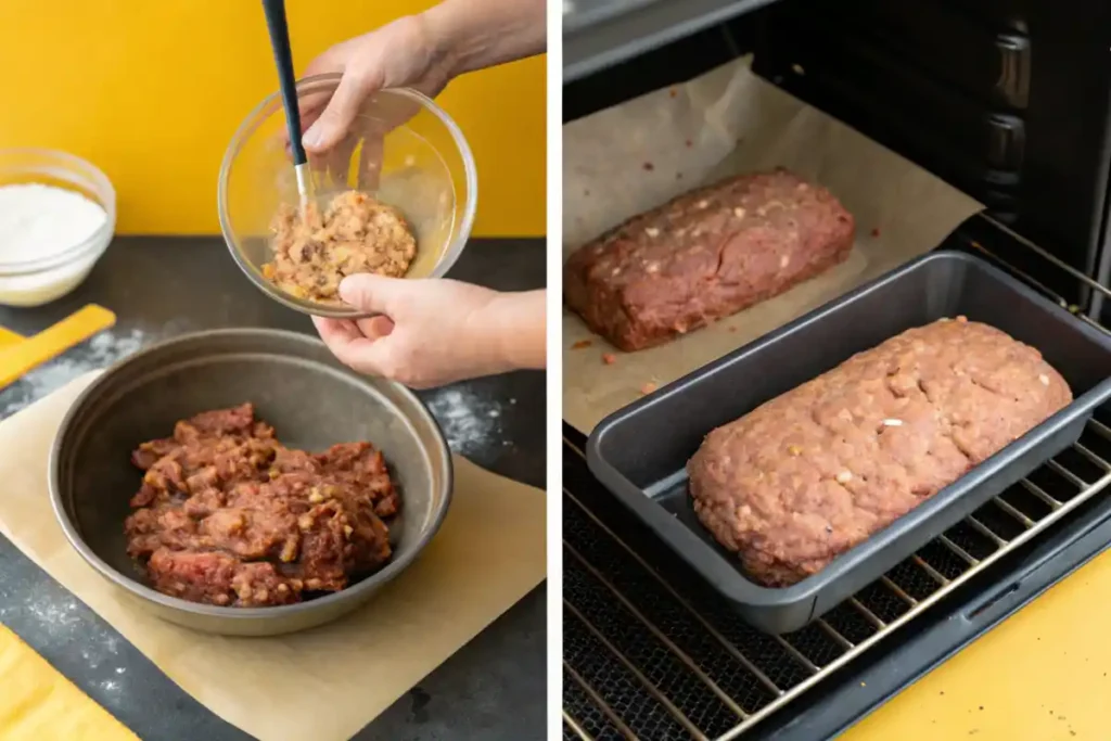 Step-by-step collage showing the preparation process: mixing ingredients, shaping the loaf, and setting it into the smoker