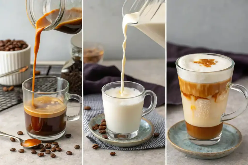 A step-by-step visual guide showing espresso brewing