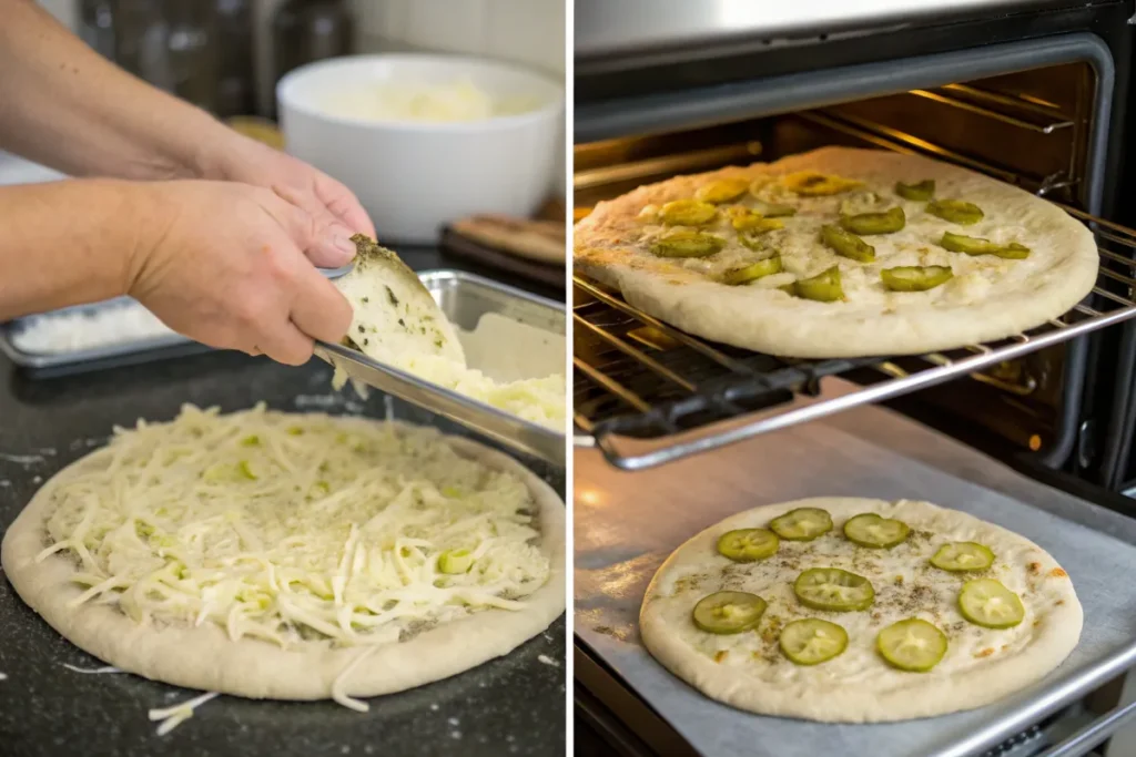 A collage showing two images of white pizza, one being prepared and the other baking in the oven.