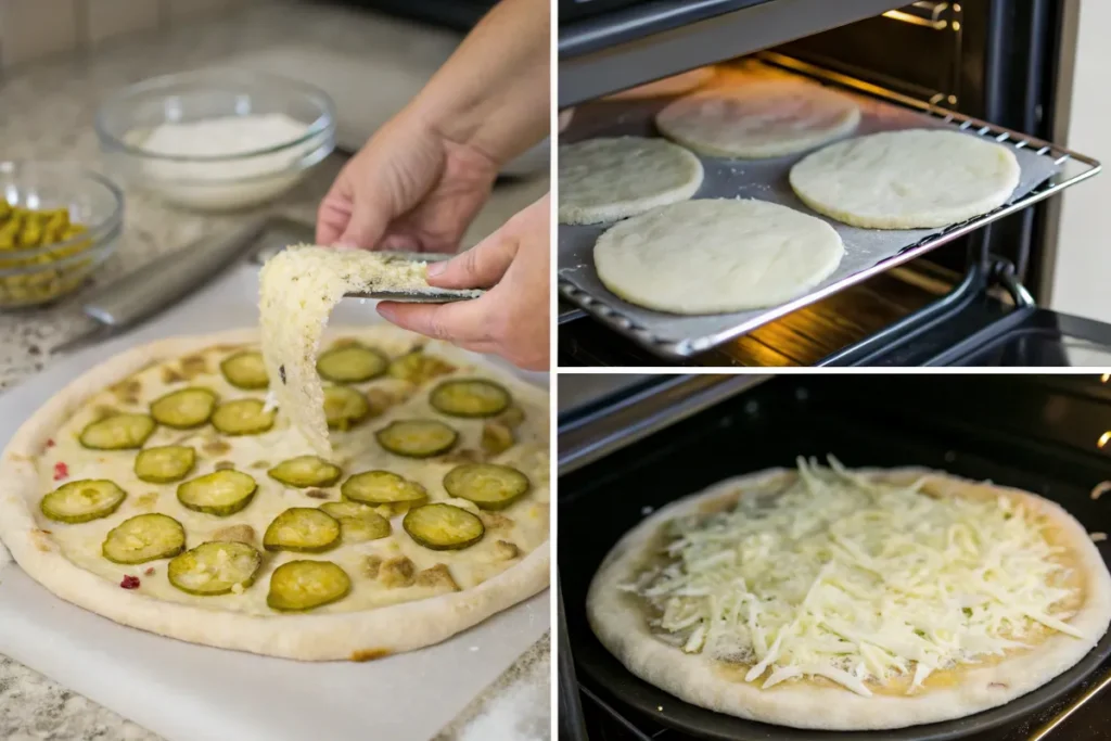 A collage showing the steps of making a dill  , from adding toppings to baking.