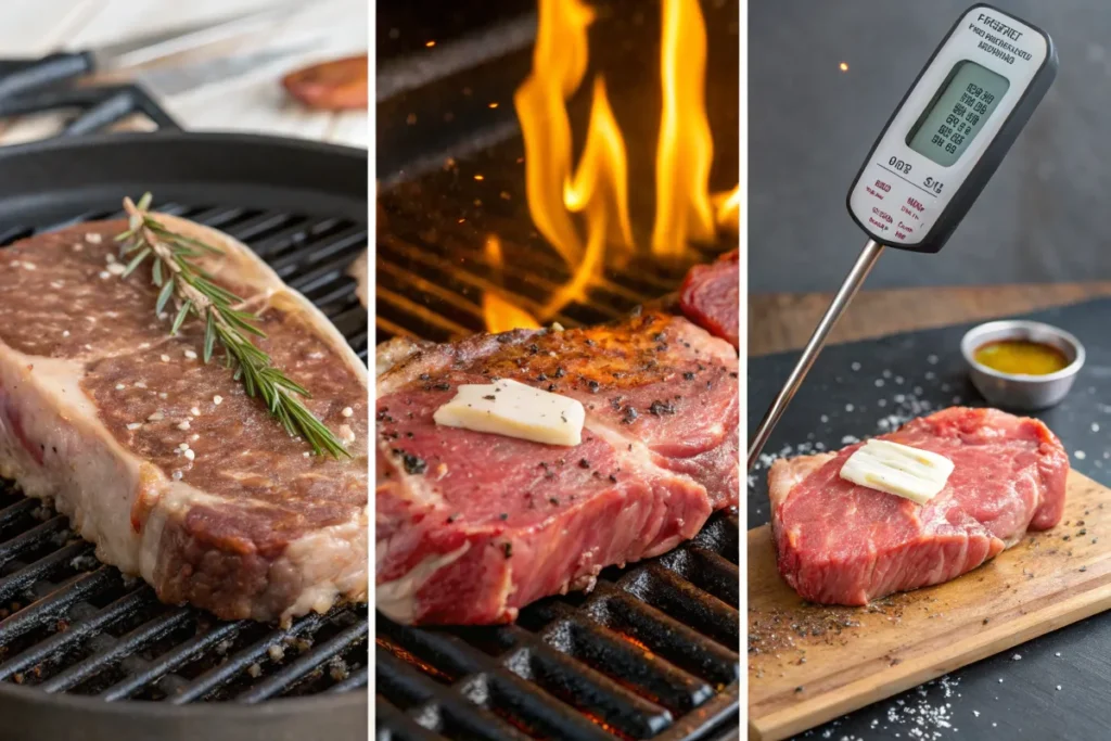 A collage of three images shows the stages of grilling the meat, from raw to cooked and being checked with a meat thermometer.
