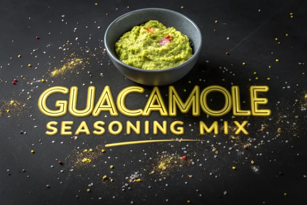 A bowl of guacamole sits on a dark surface sprinkled with spices, with the words "Guacamole Seasoning Mix" beneath it.
