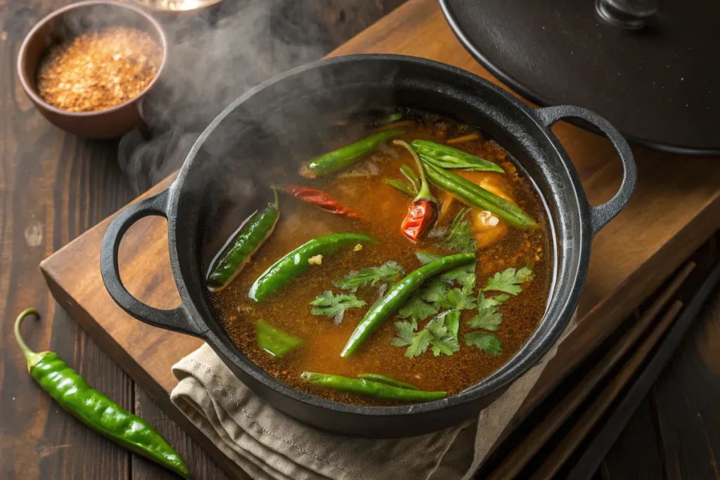 Steaming boul soup of spicy soup with green chilies and herbs.