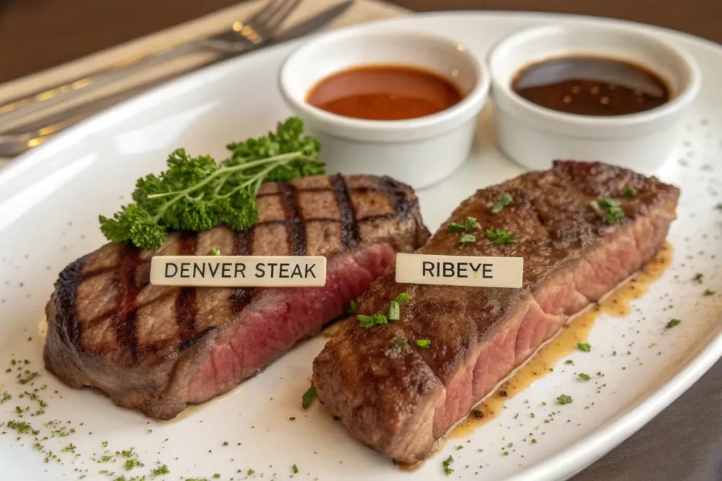 Two grilled steaks, Denver and ribeye, are presented on a white plate with small bowls of steak sauce.