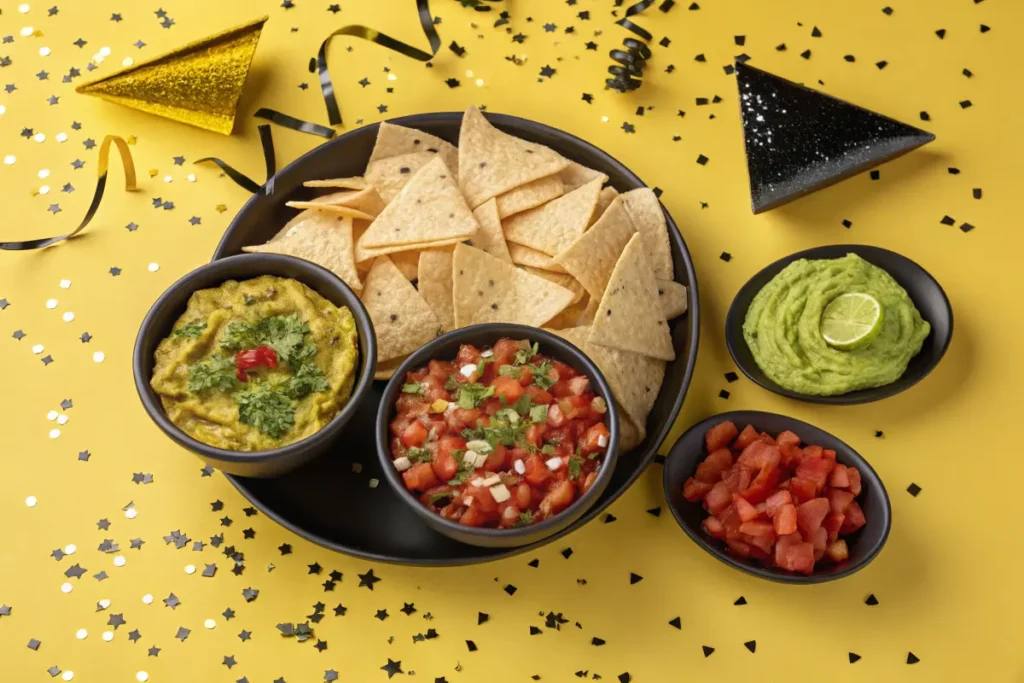 Easy taco dip Mexican : Tortilla chips are served with guacamole, salsa, and chopped tomatoes on a black plate, with festive confetti scattered around.
